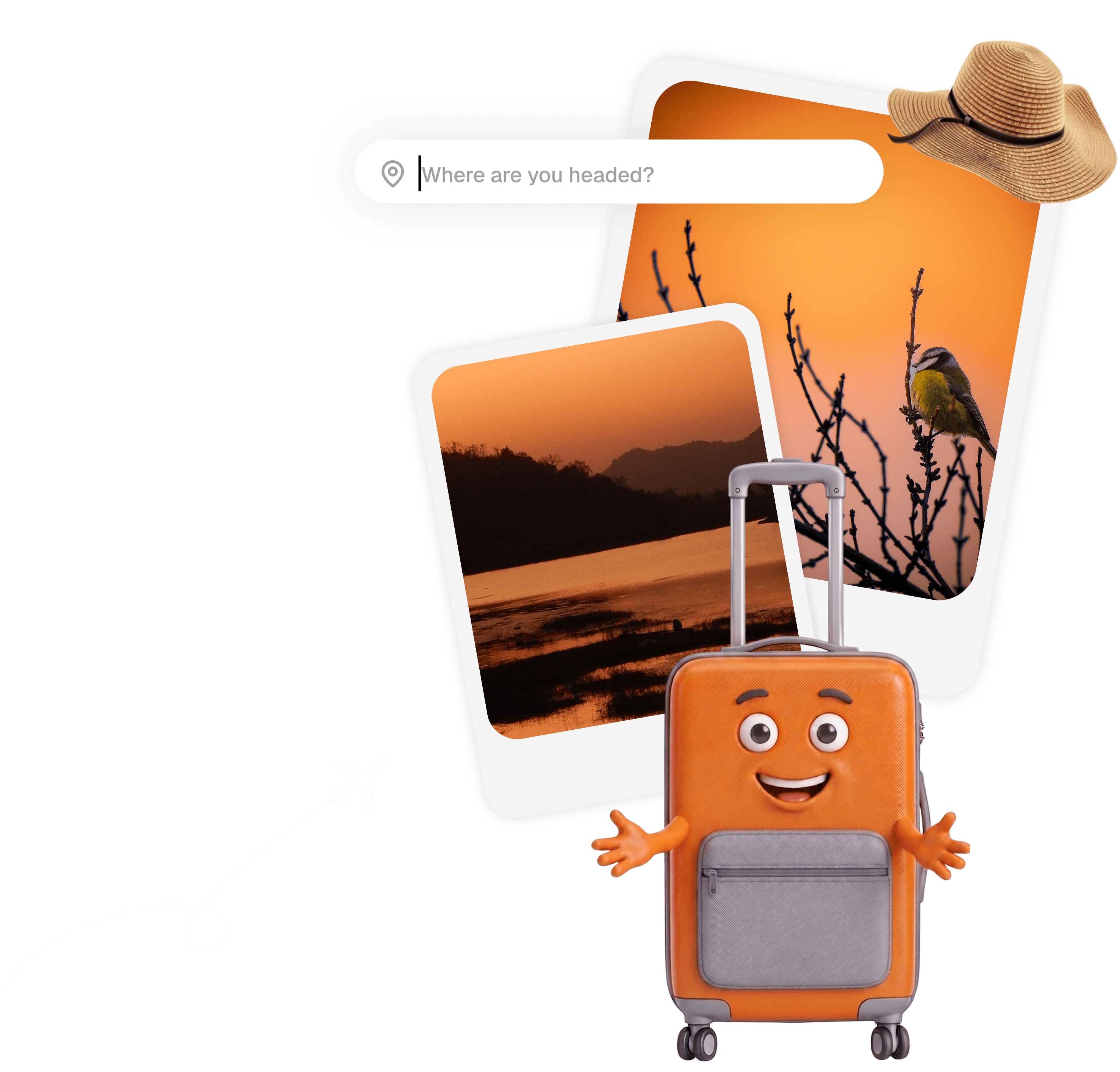 Travel photos collage with polaroid cards, suitcase and accessories
