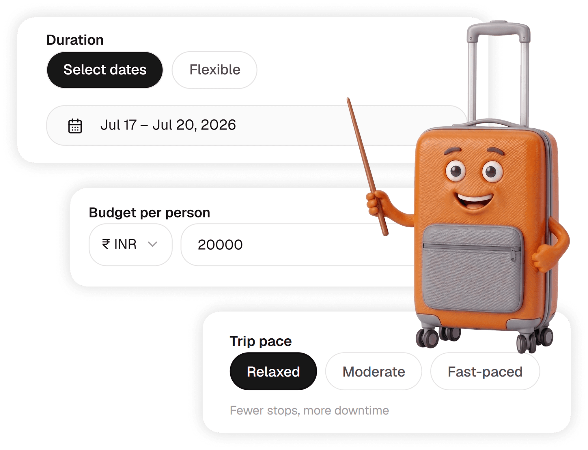 Calendar, budget preferences, and suitcase character planning a trip