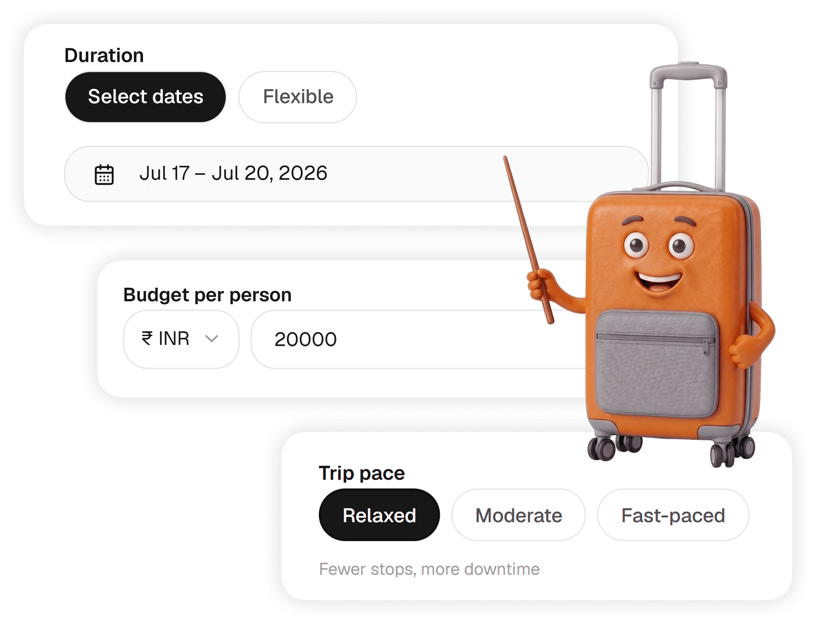 Calendar, budget preferences, and suitcase character planning a trip