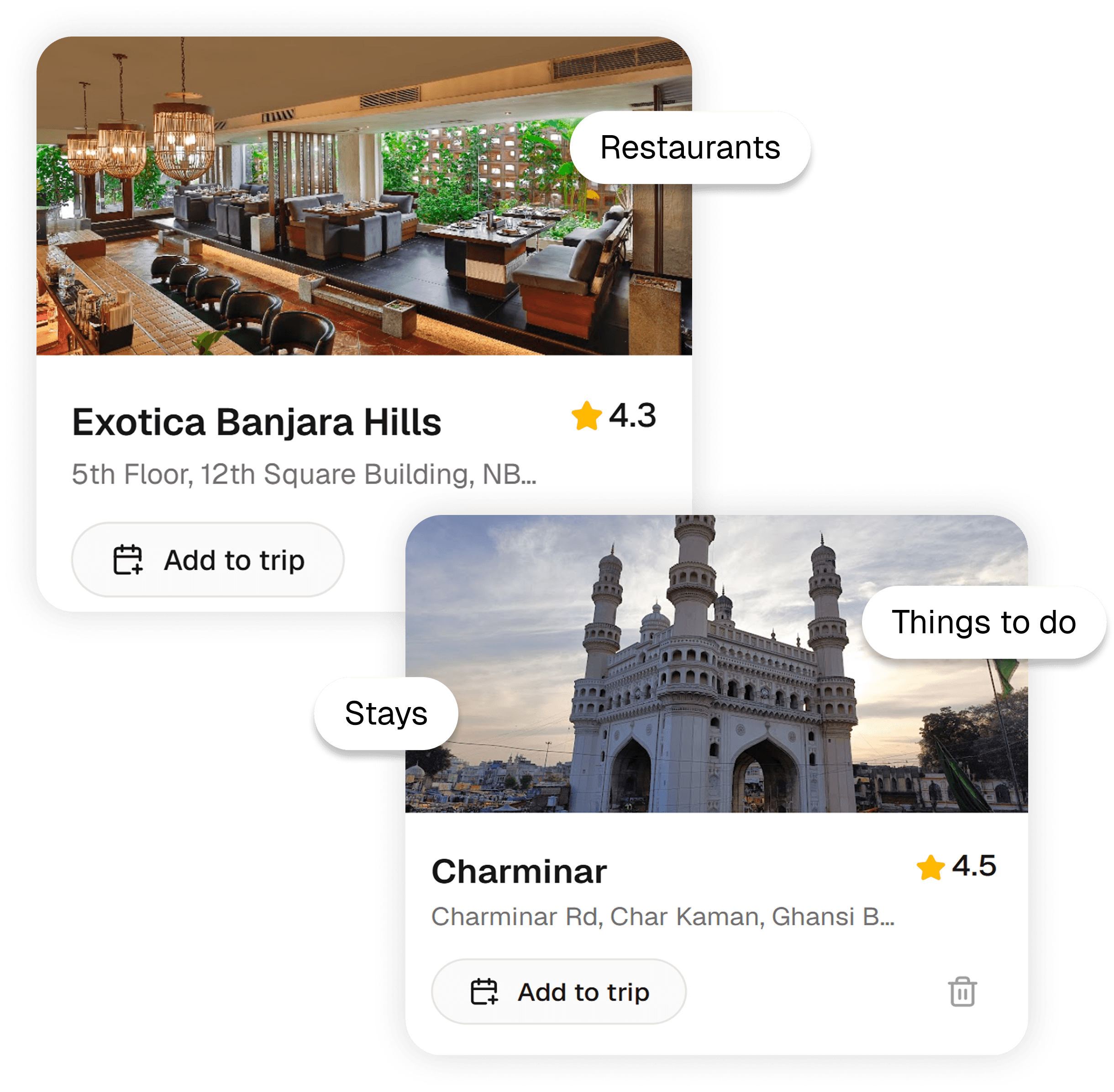 Destination cards with add to trip actions and category filters