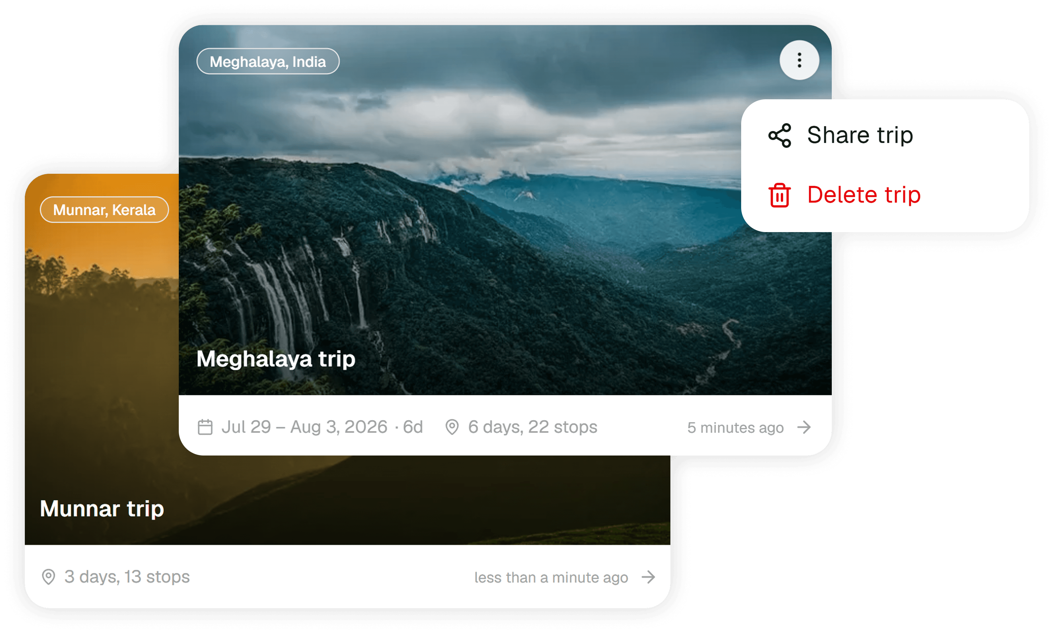 Scenic trip cards with share and copy link actions
